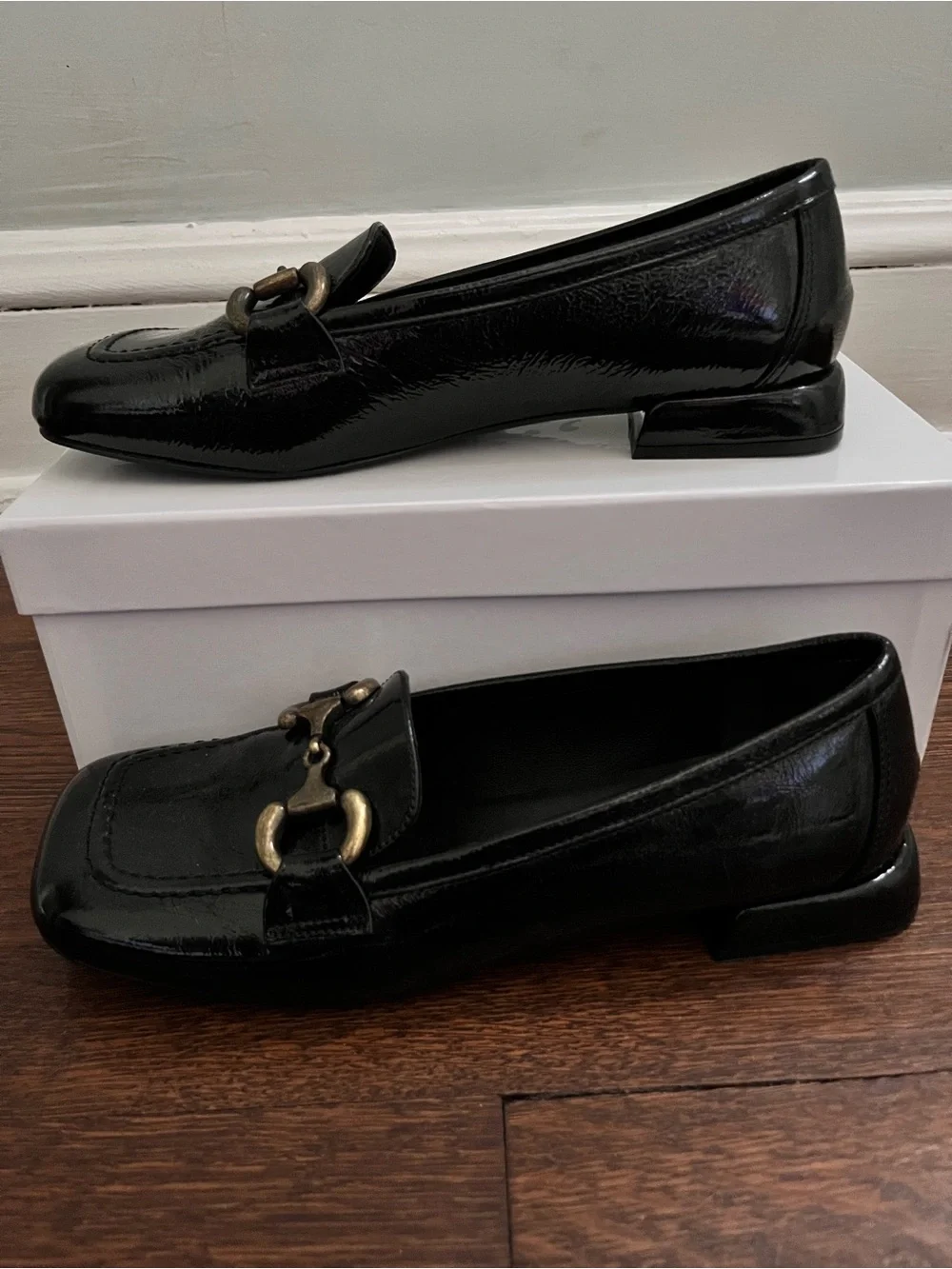 Black Patent Leather Loafers with Gold Horsebit